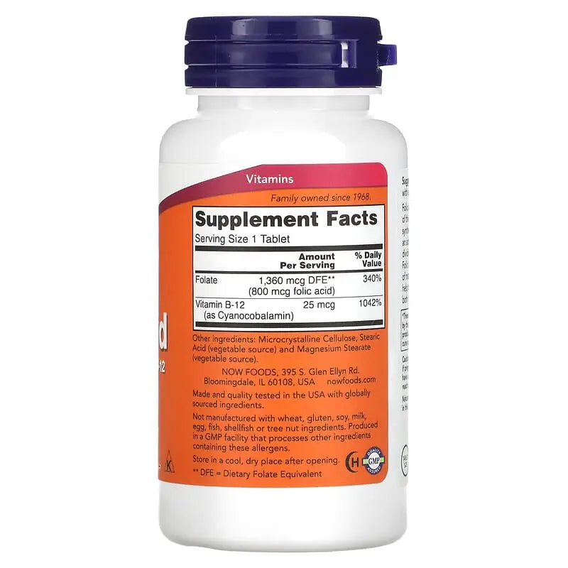 Folic Acid 800mg + Vitamin B12 (250) - Now Foods - Vitamina